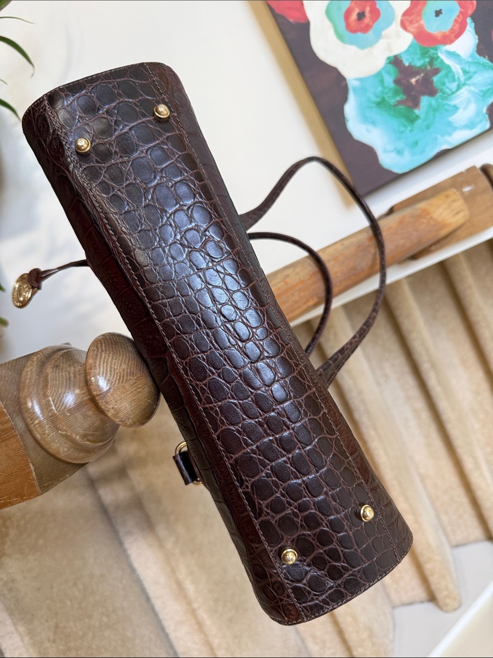 Brahmin Dark Brown Croc-Embossed Shoulder Bag with Gold Hardware - Picture 3 of 7
